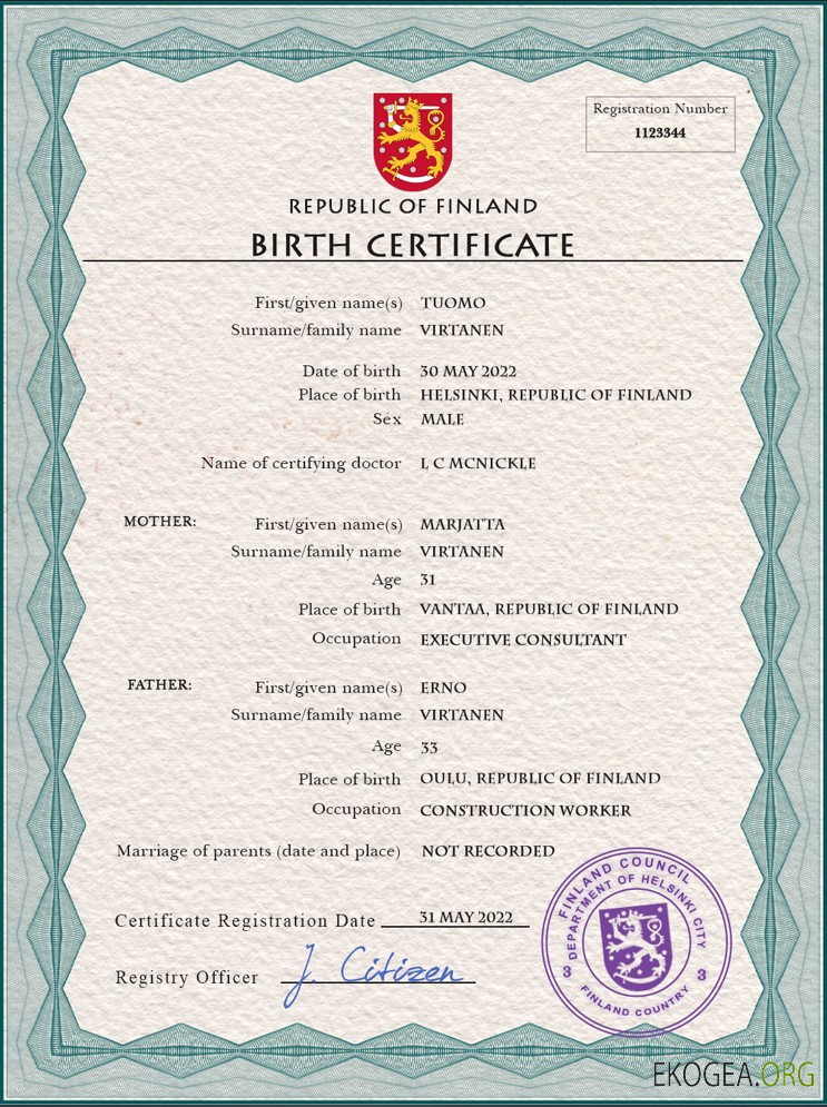 Modèle PSD de certificat de naissance d'état civil de Finlande